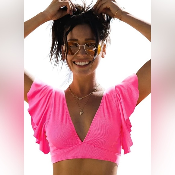 NEW - Small Ribbed Ruffle Bikini Deep V 
2025 pink summer season - Picture 1 of 6